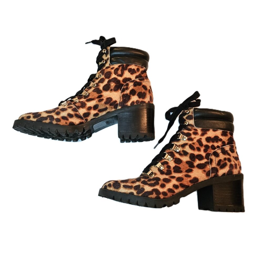 ALDO Vegan Leather/Fur Leopard Print Salilia Combat Boots Shoes Size 8.5 - Picture 5 of 8